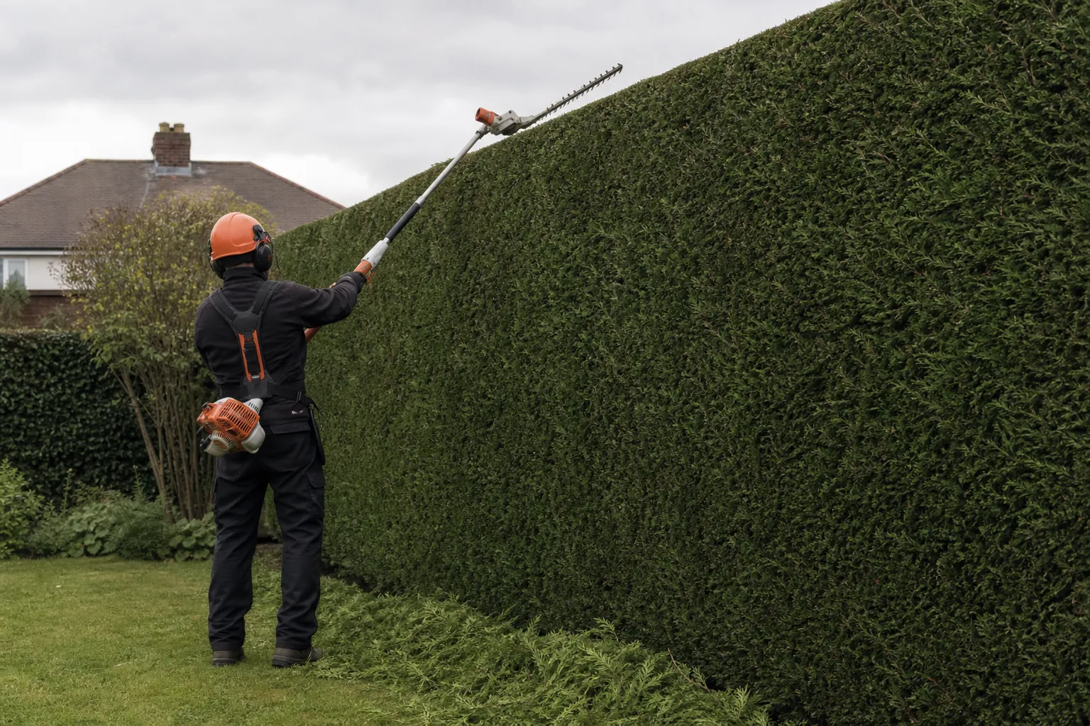 A tree surgeon reducing the height of a tall garden hedge with a long-reach hedge cutter