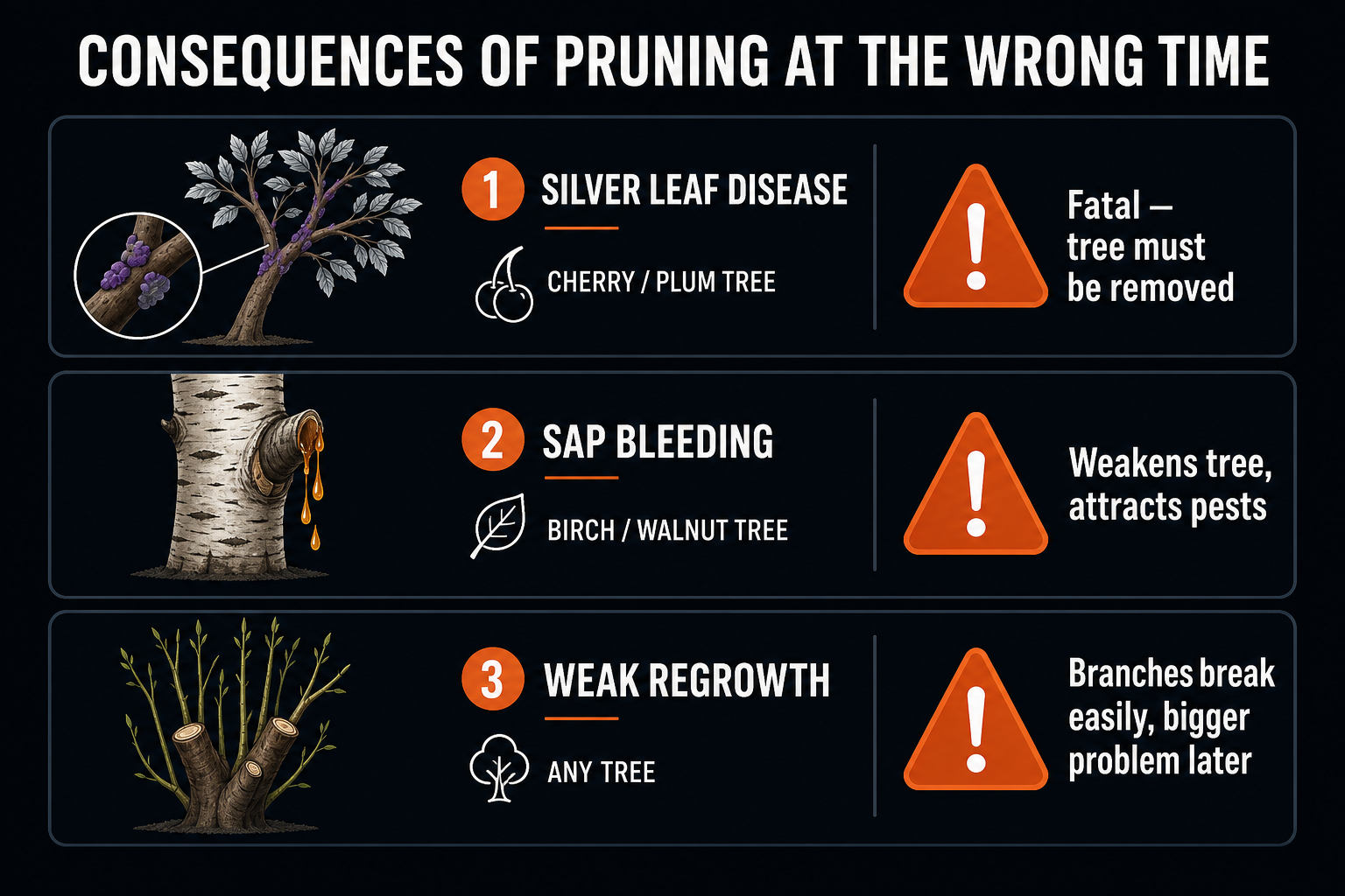 Consequences of wrong-timed pruning: silver leaf disease on cherry, sap bleeding on birch, weak regrowth on most species
