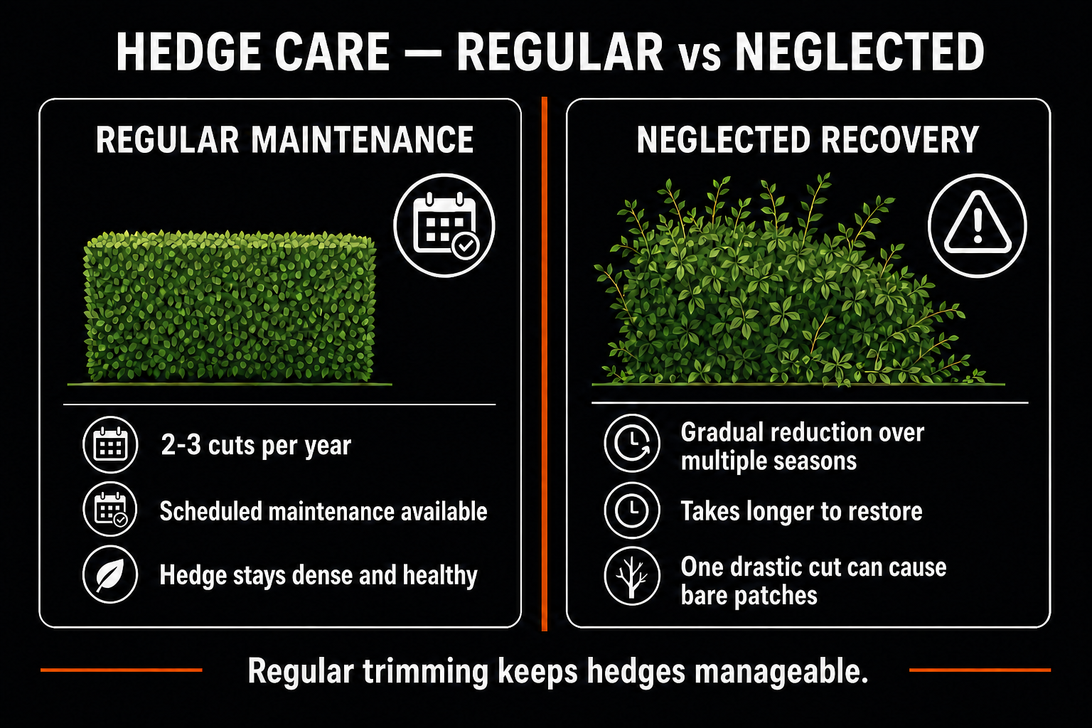 Hedge care comparison: regular maintenance keeps hedge dense and healthy, neglected recovery costs more and takes multiple seasons