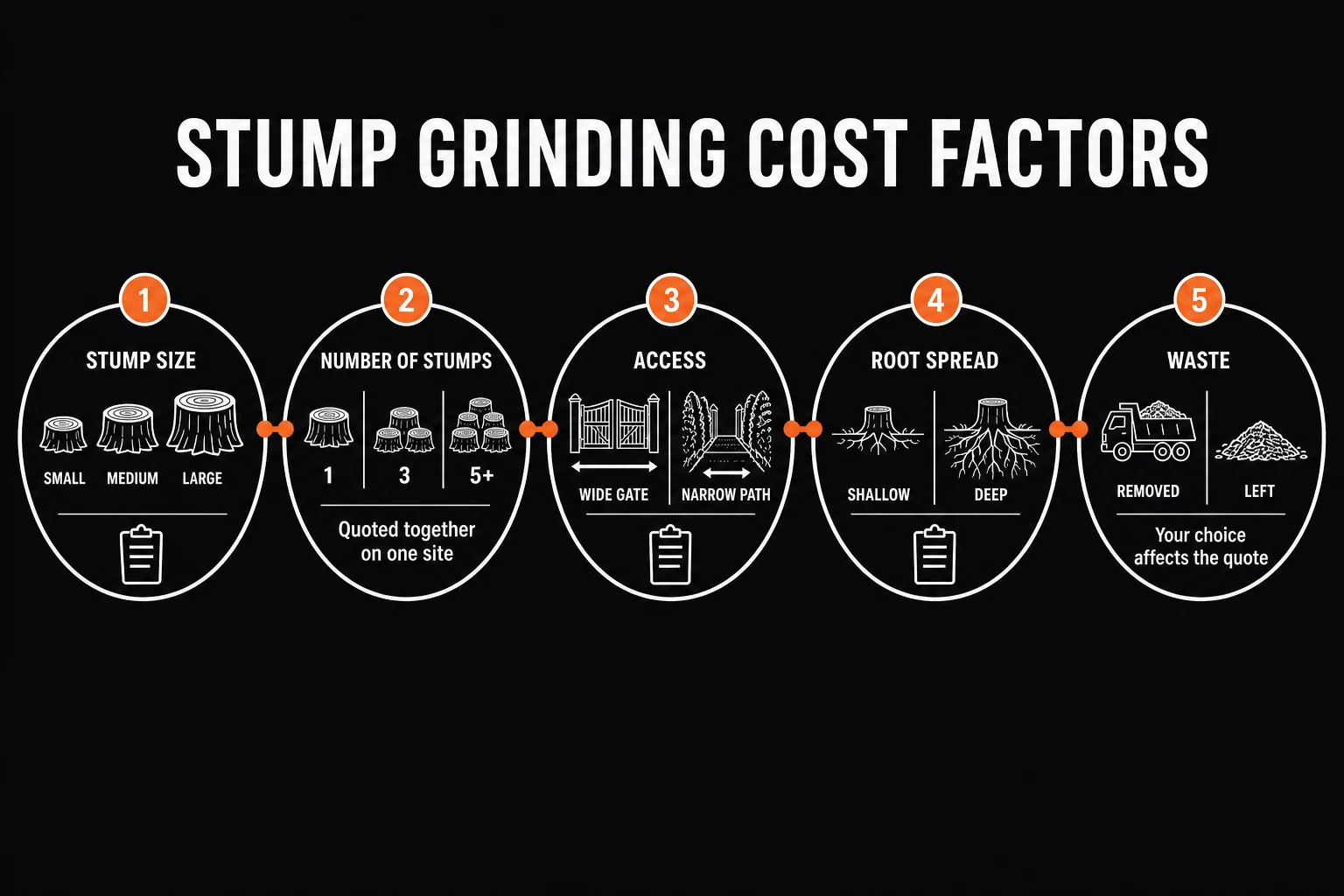 Diagram of the factors that change a stump grinding price: stump diameter, root spread, access width and ground conditions