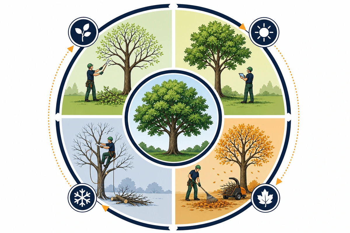 Diagram of the tree work year: spring pruning, summer inspection, autumn clearing and dormant-season cutting in winter